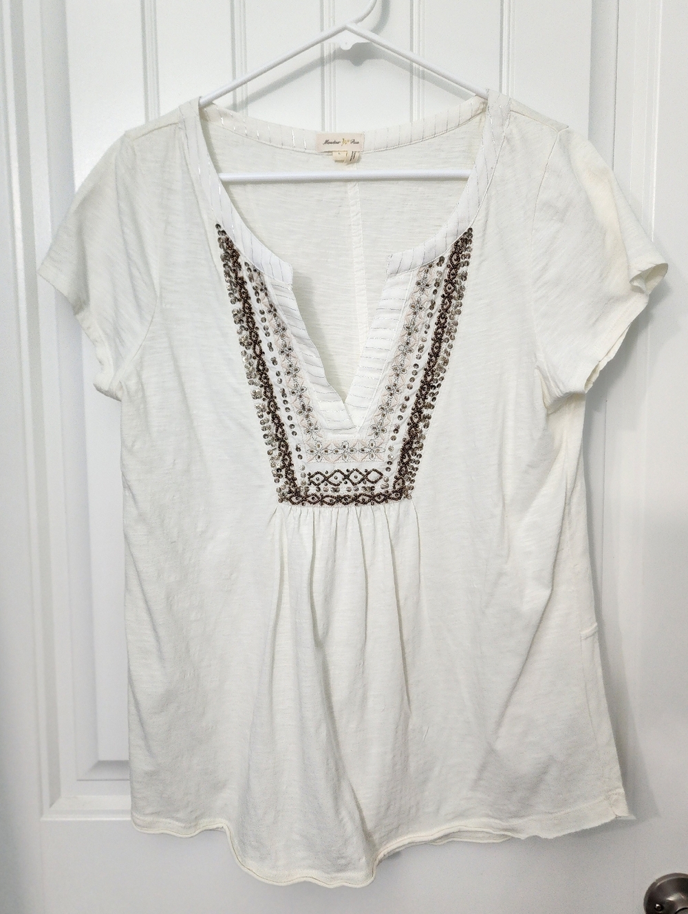 Anthropologie Meadow Rue White Short-Sleeve Embroidered V-Neck, Size Large